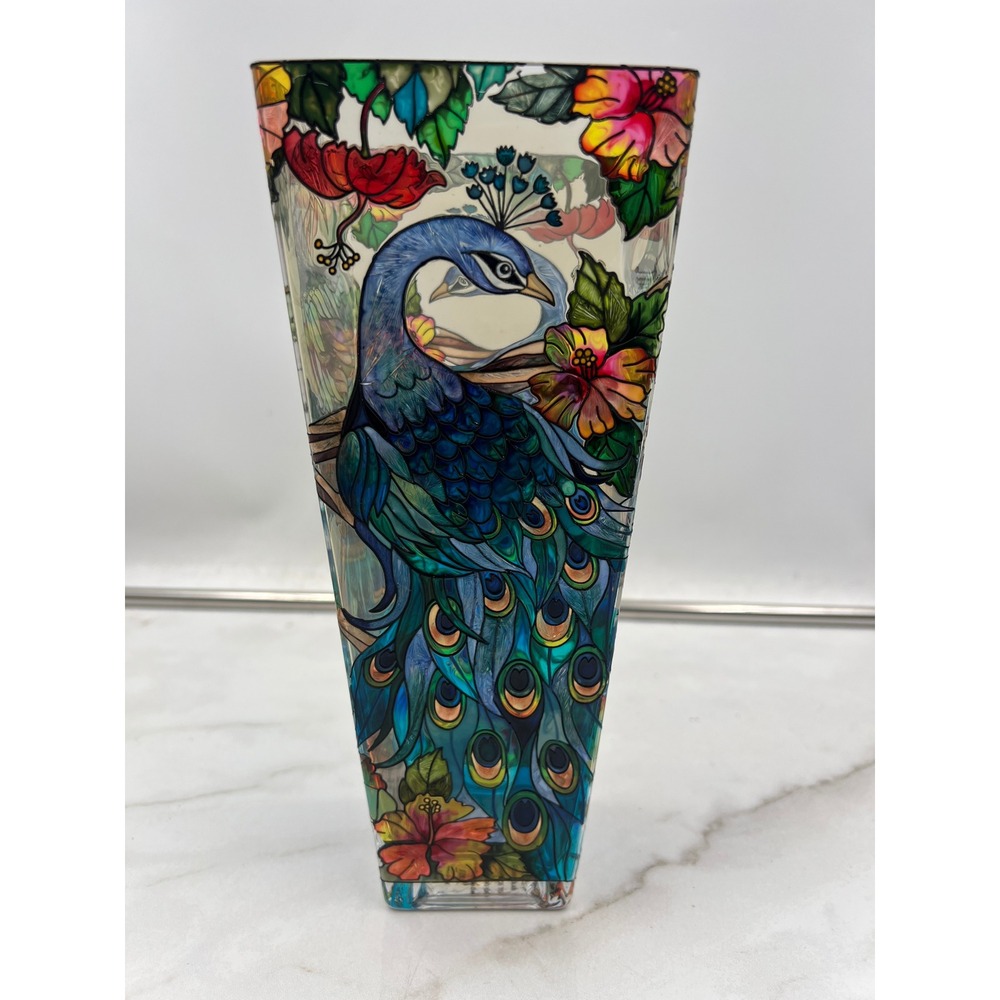 Amia Studios Hand Painted Glass Peacock Vase Stained Glass Style Floral Square